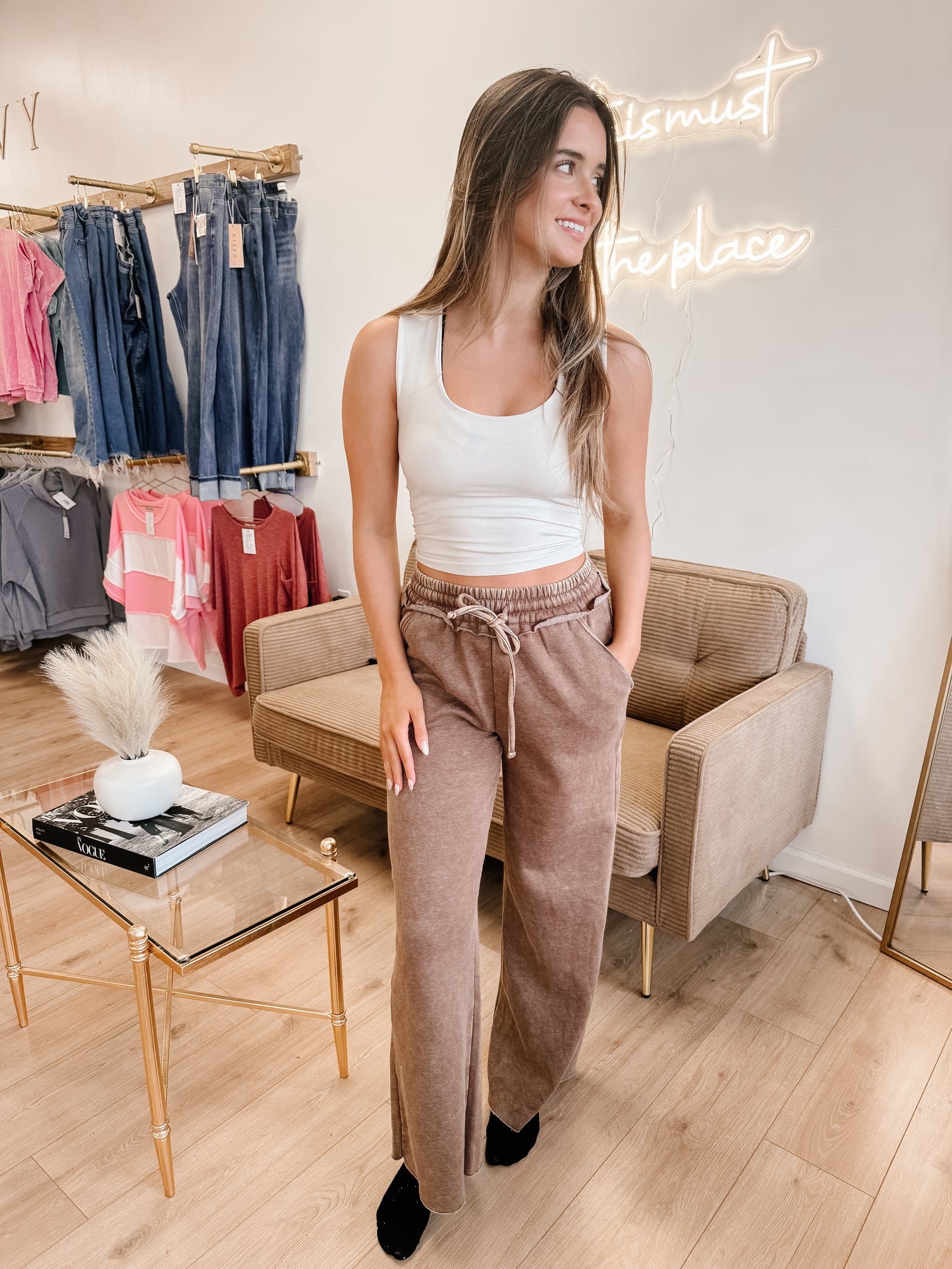 Acid Wash Fleece Palazzo Sweatpants With Pockets