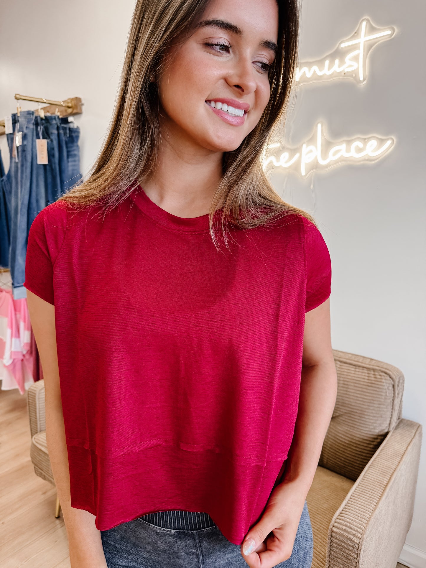 Shark Bite Side Slit Short Sleeve Top