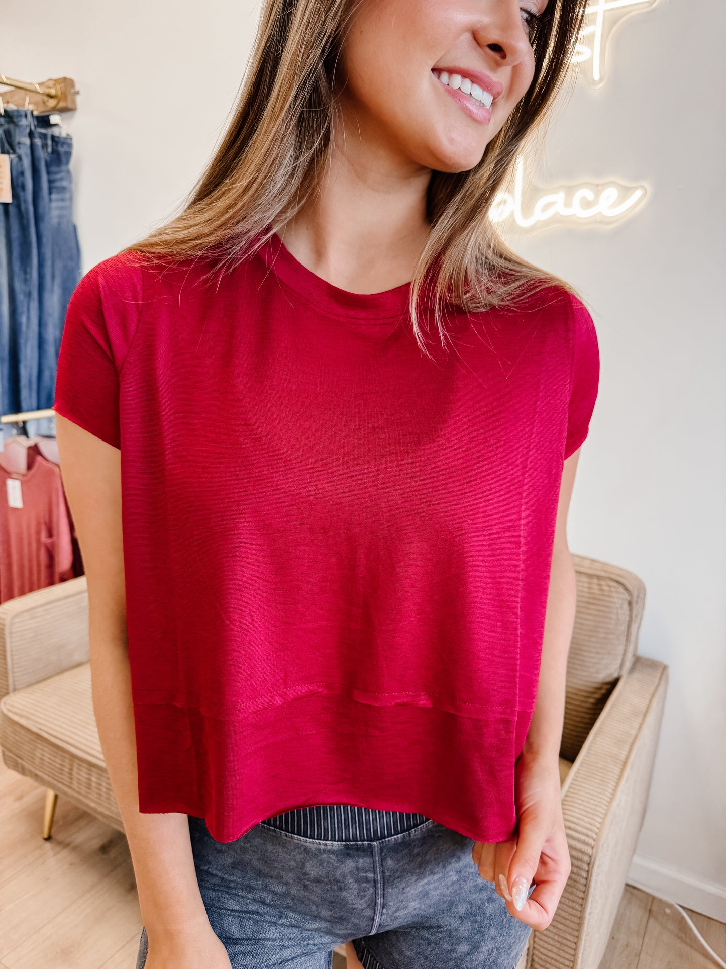 Shark Bite Side Slit Short Sleeve Top