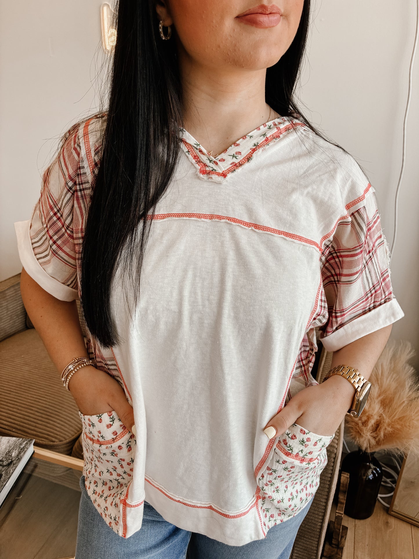 Floral And Plaid Fabric Mix V Neck Hoodie
