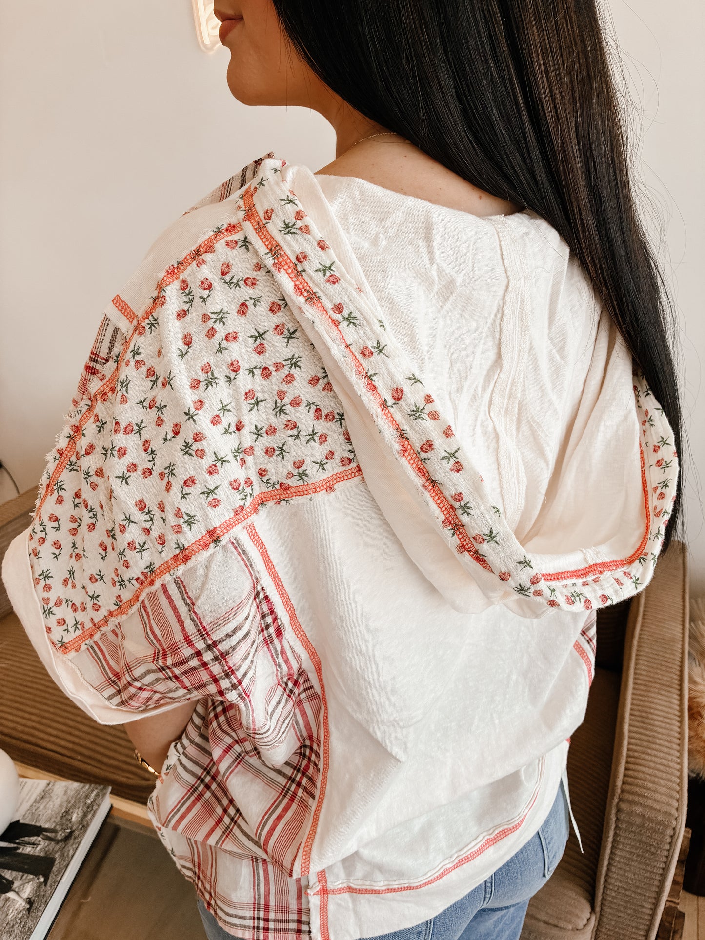 Floral And Plaid Fabric Mix V Neck Hoodie