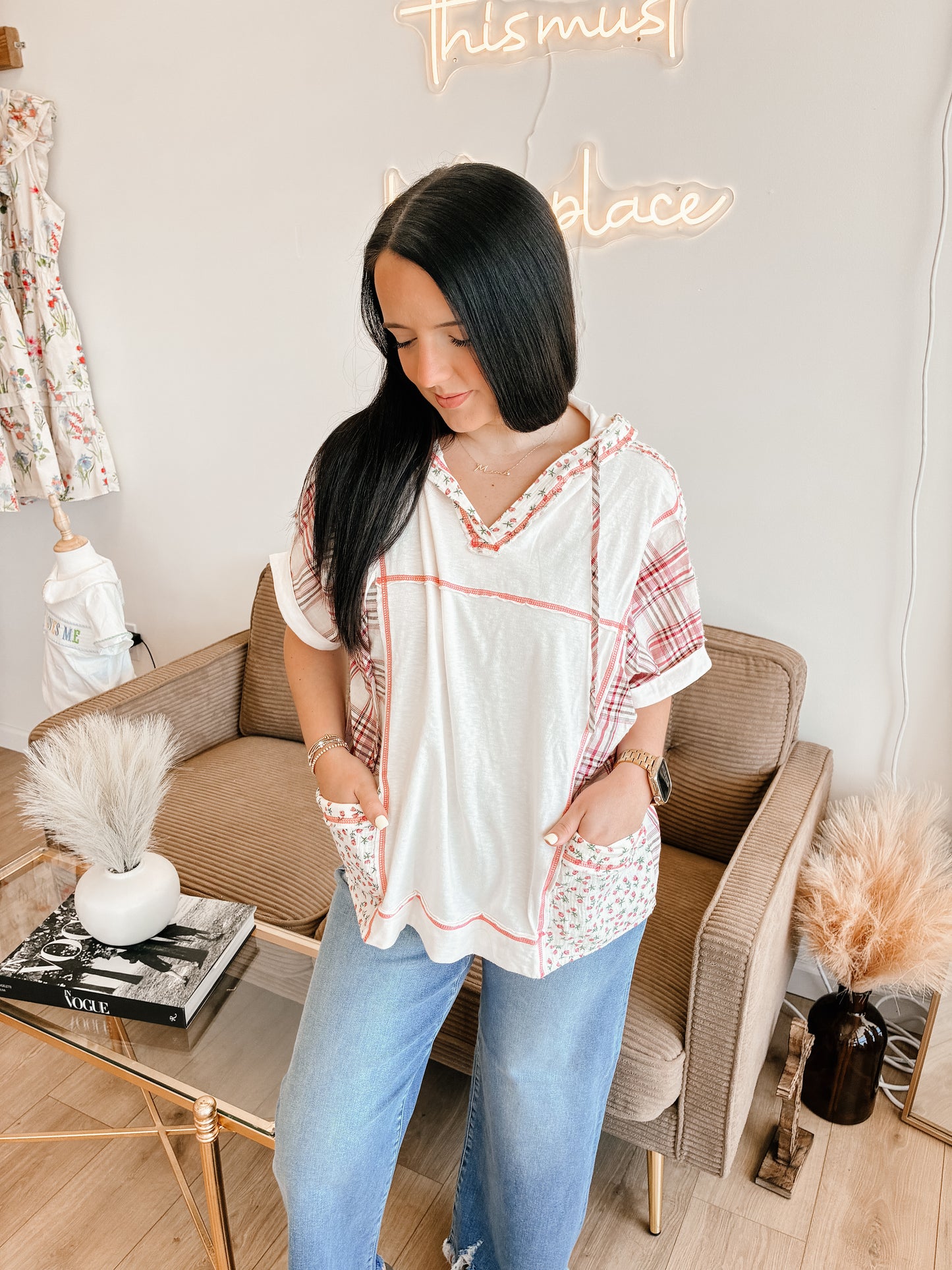 Floral And Plaid Fabric Mix V Neck Hoodie