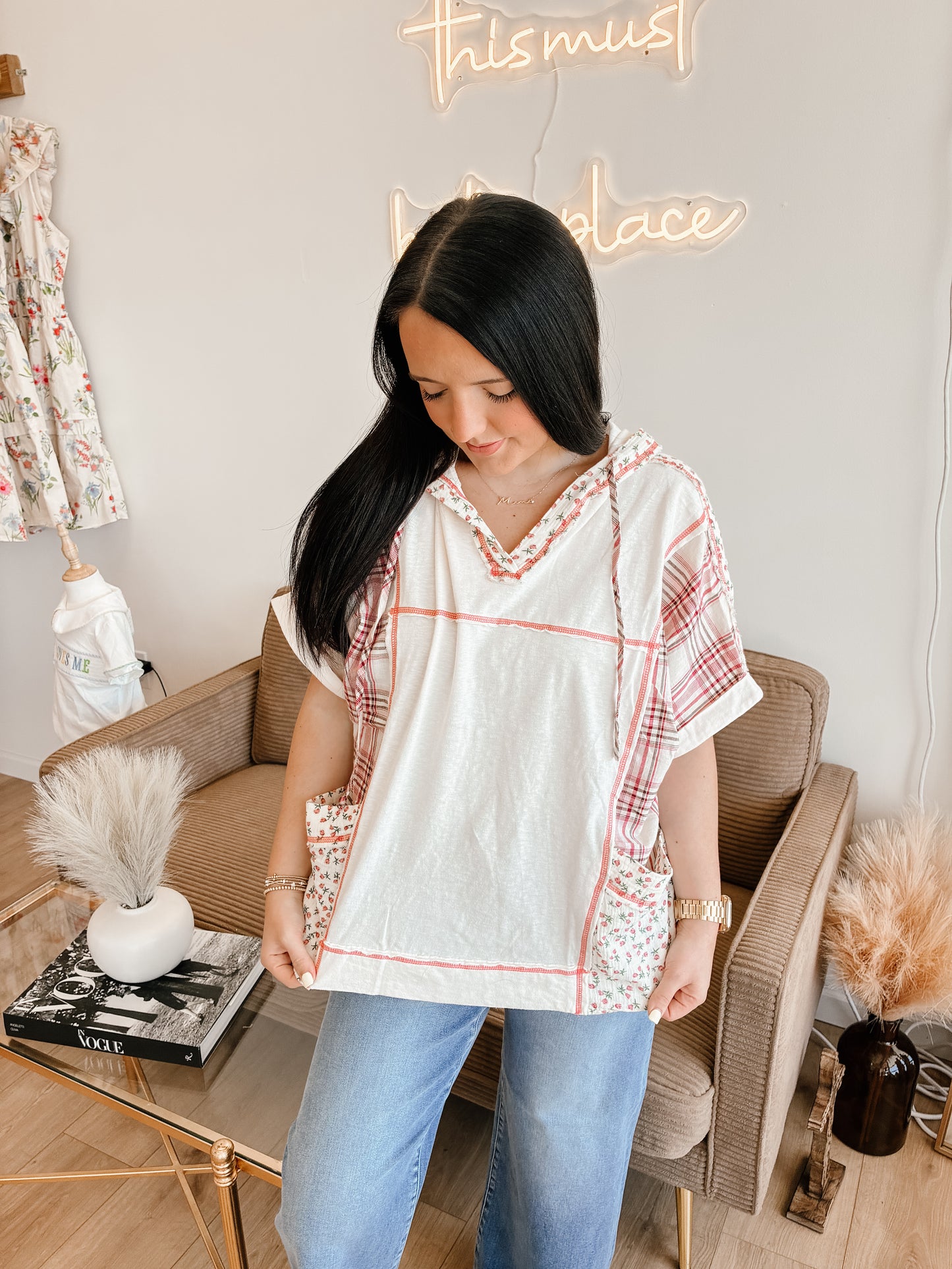 Floral And Plaid Fabric Mix V Neck Hoodie