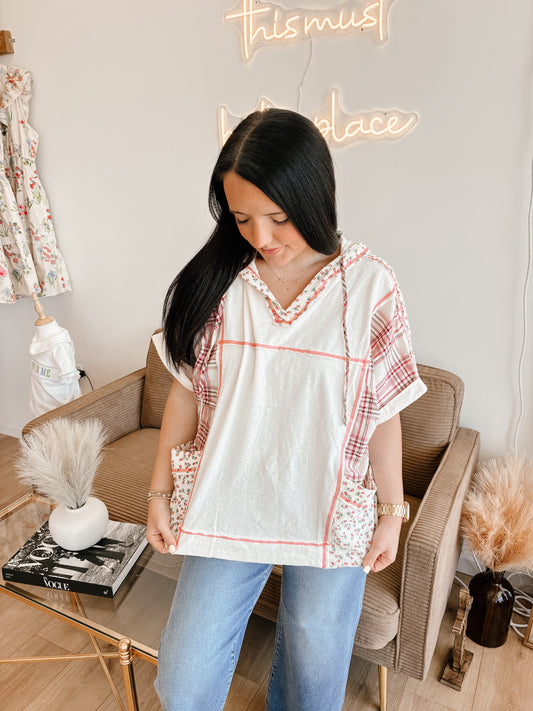 Floral And Plaid Fabric Mix V Neck Hoodie