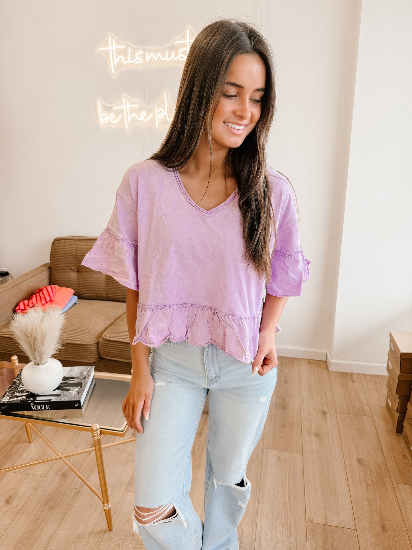 Mineral Washed Ruffle Detail Knit Top