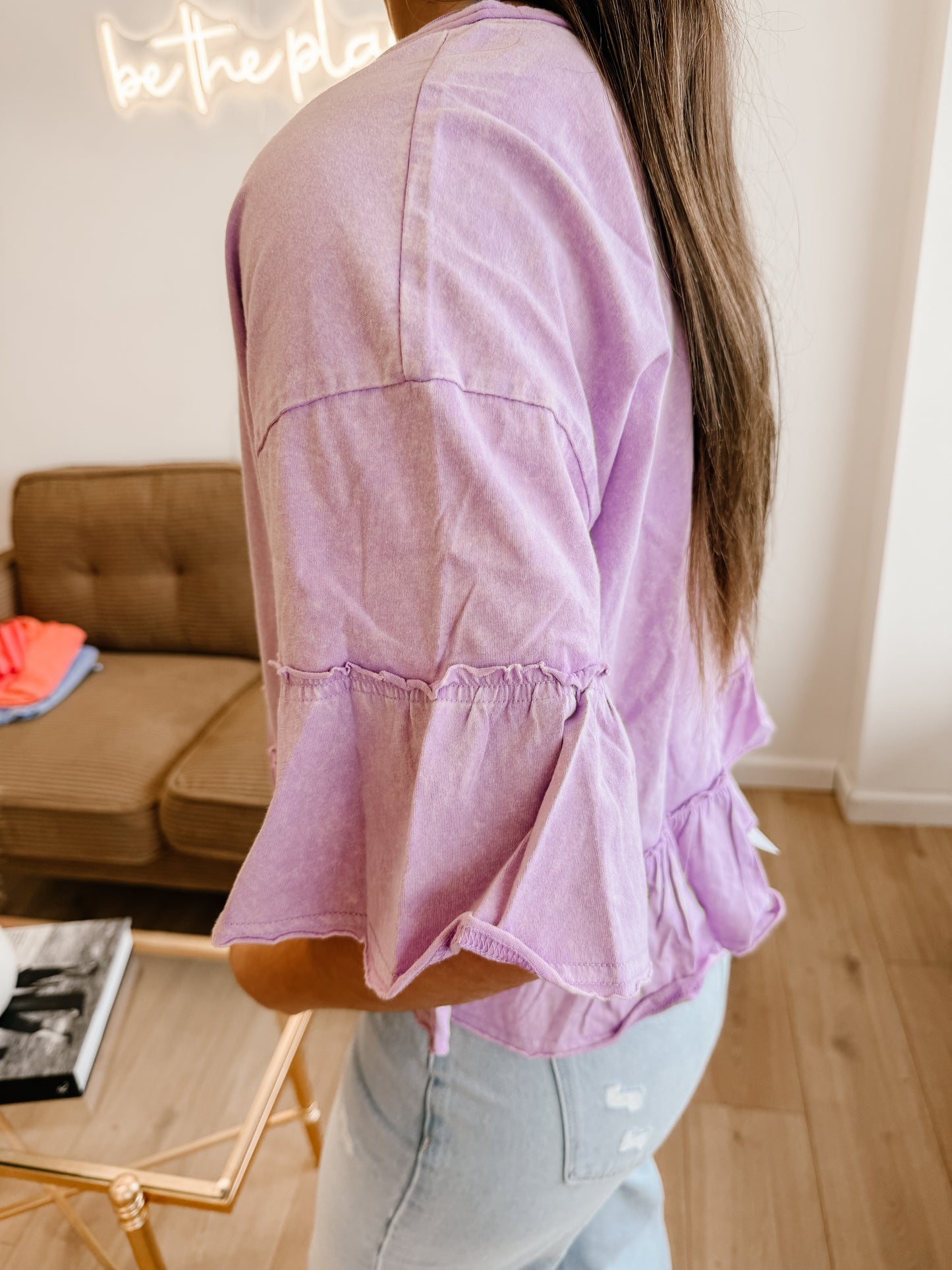 Mineral Washed Ruffle Detail Knit Top