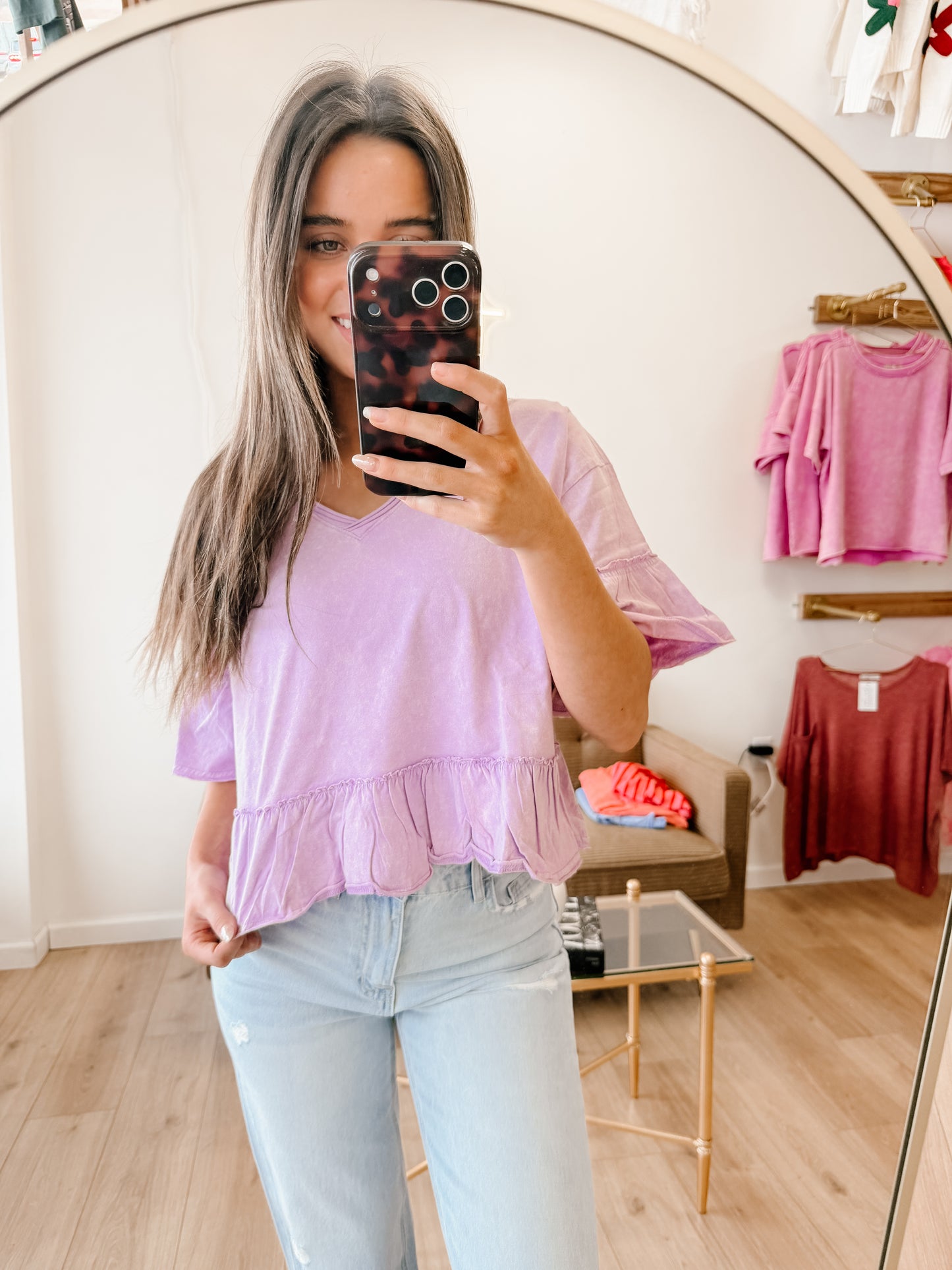 Mineral Washed Ruffle Detail Knit Top