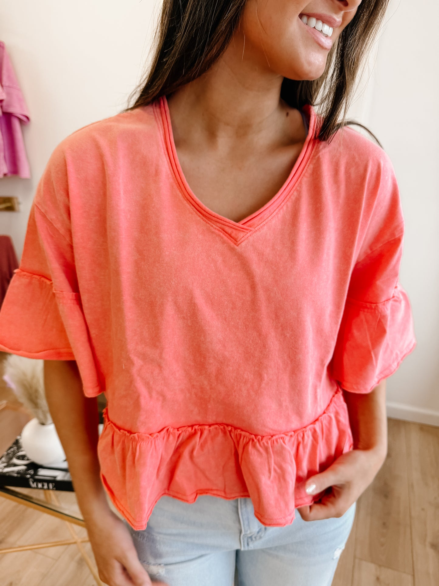Mineral Washed Ruffle Detail Knit Top