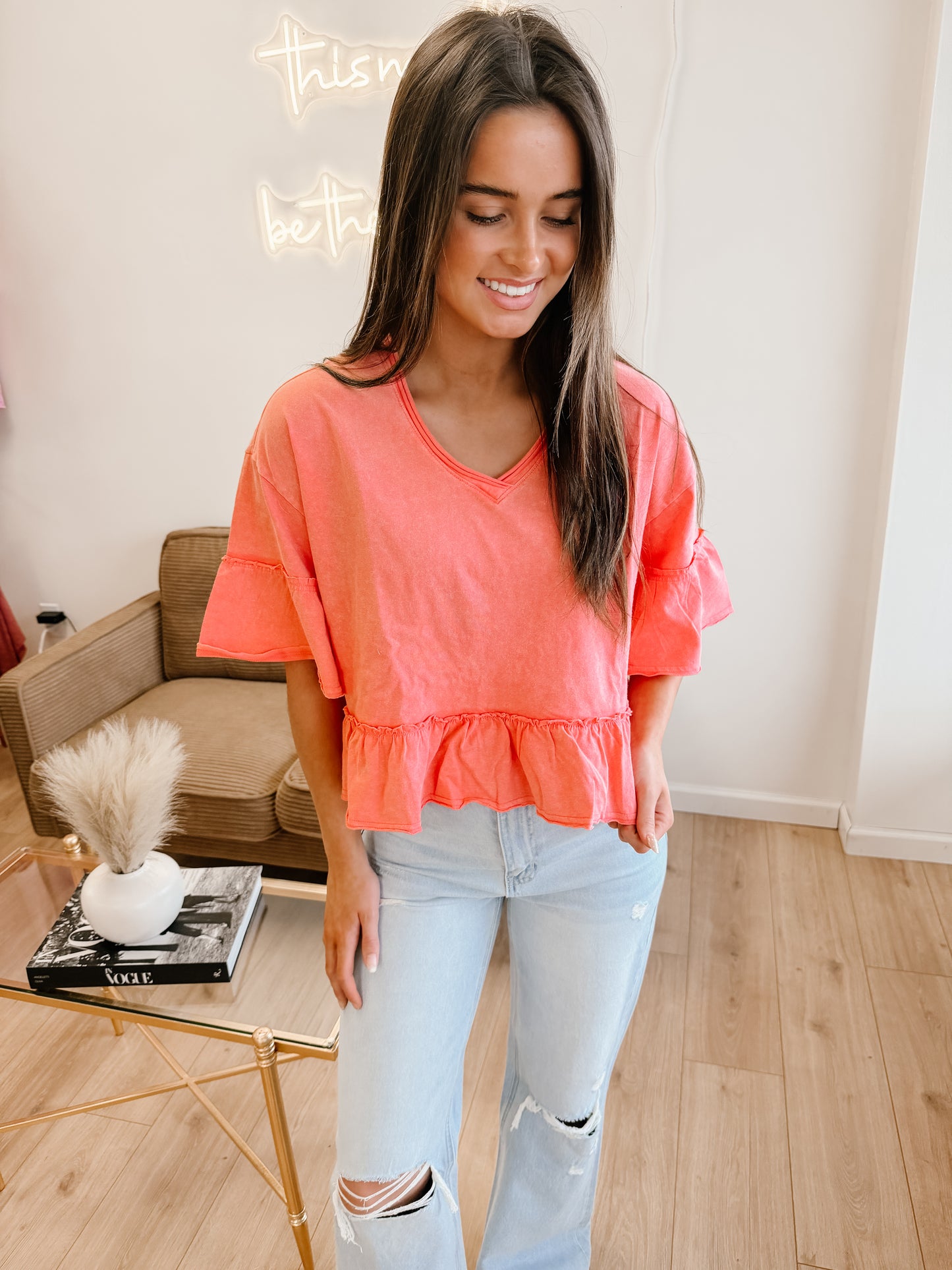 Mineral Washed Ruffle Detail Knit Top