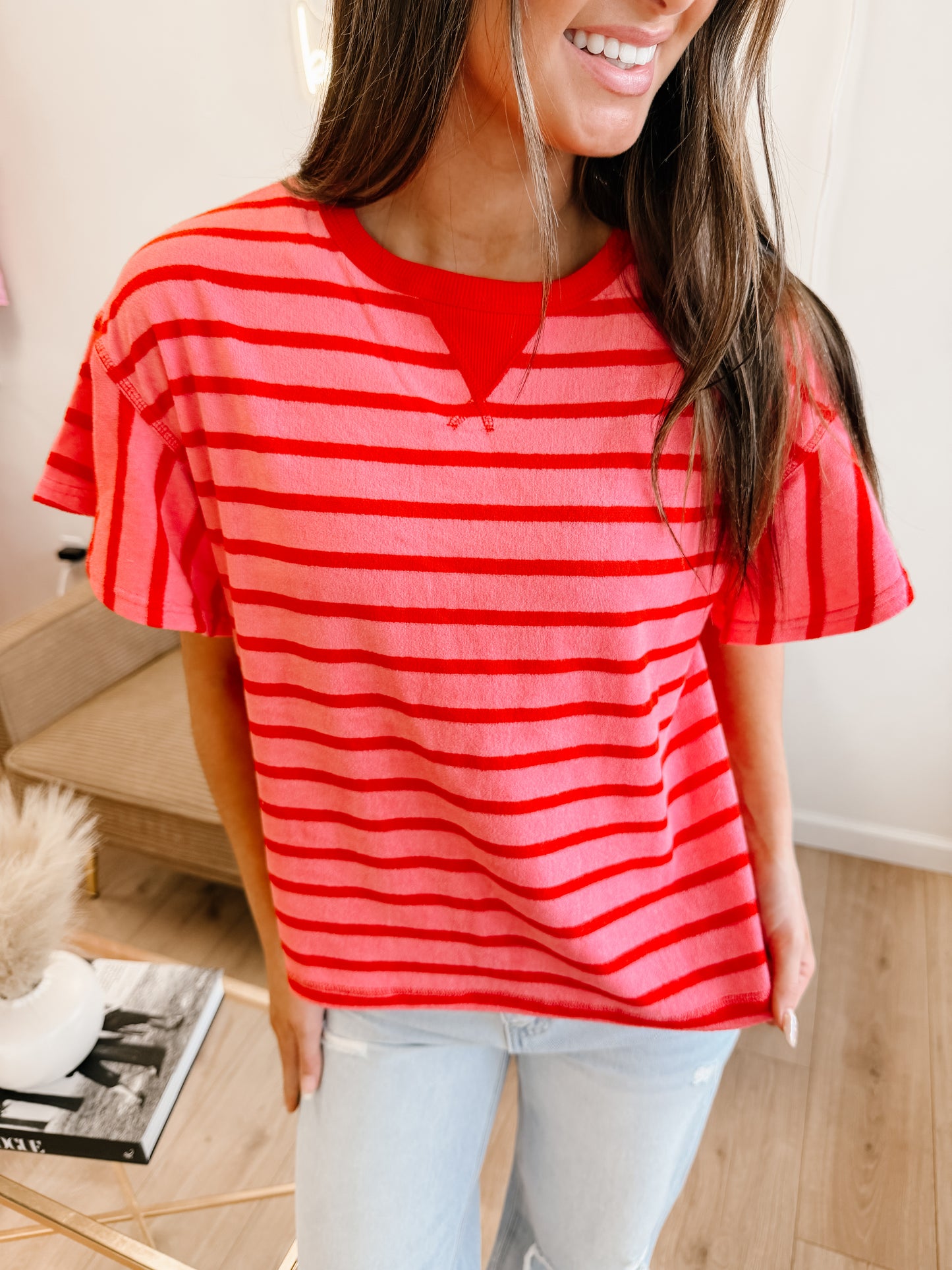 Oversized Ruffle Sleeve Casual Stripe Knit Top