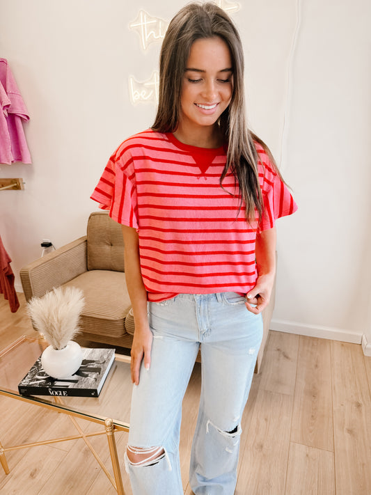 Oversized Ruffle Sleeve Casual Stripe Knit Top
