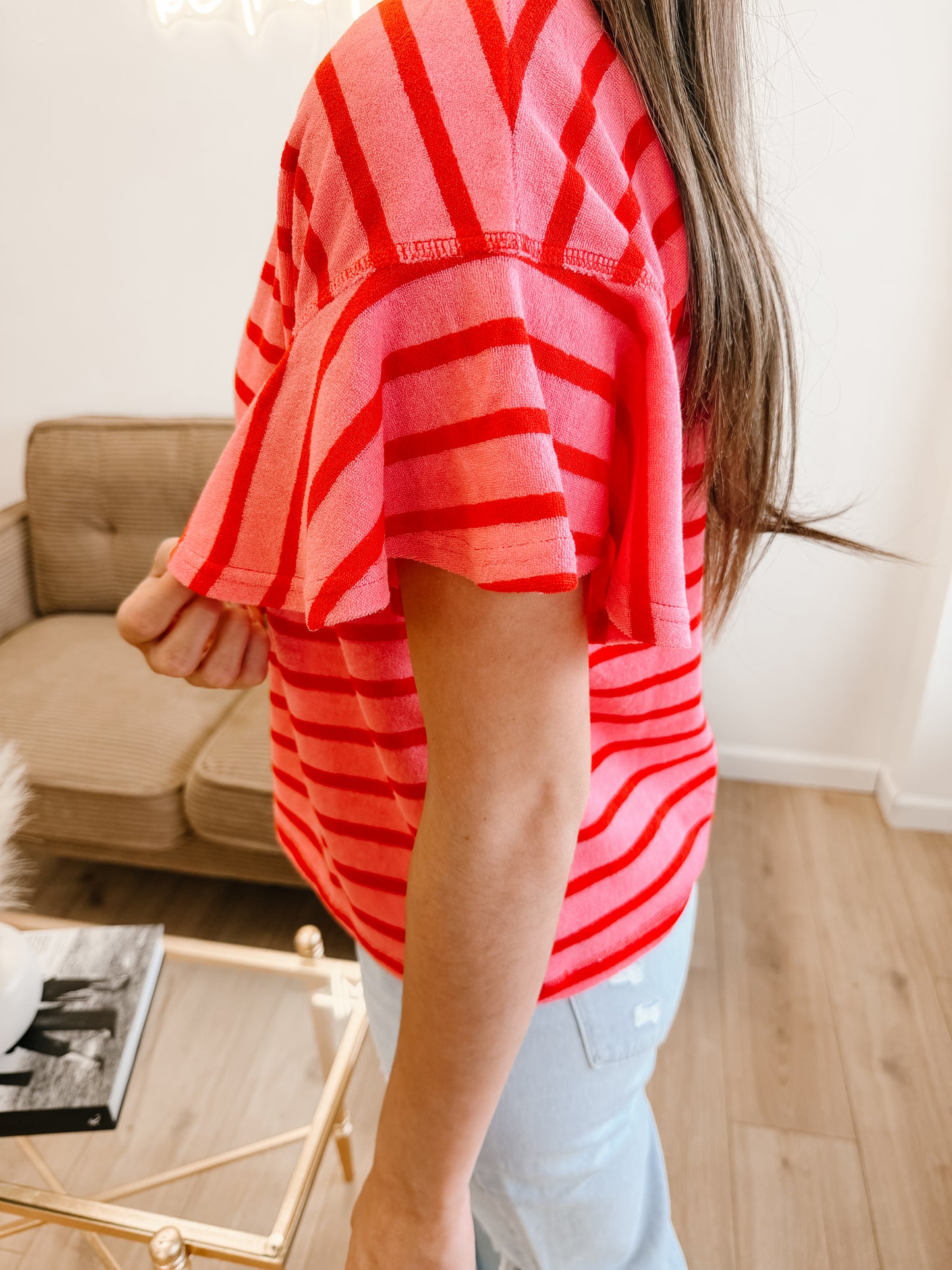 Oversized Ruffle Sleeve Casual Stripe Knit Top