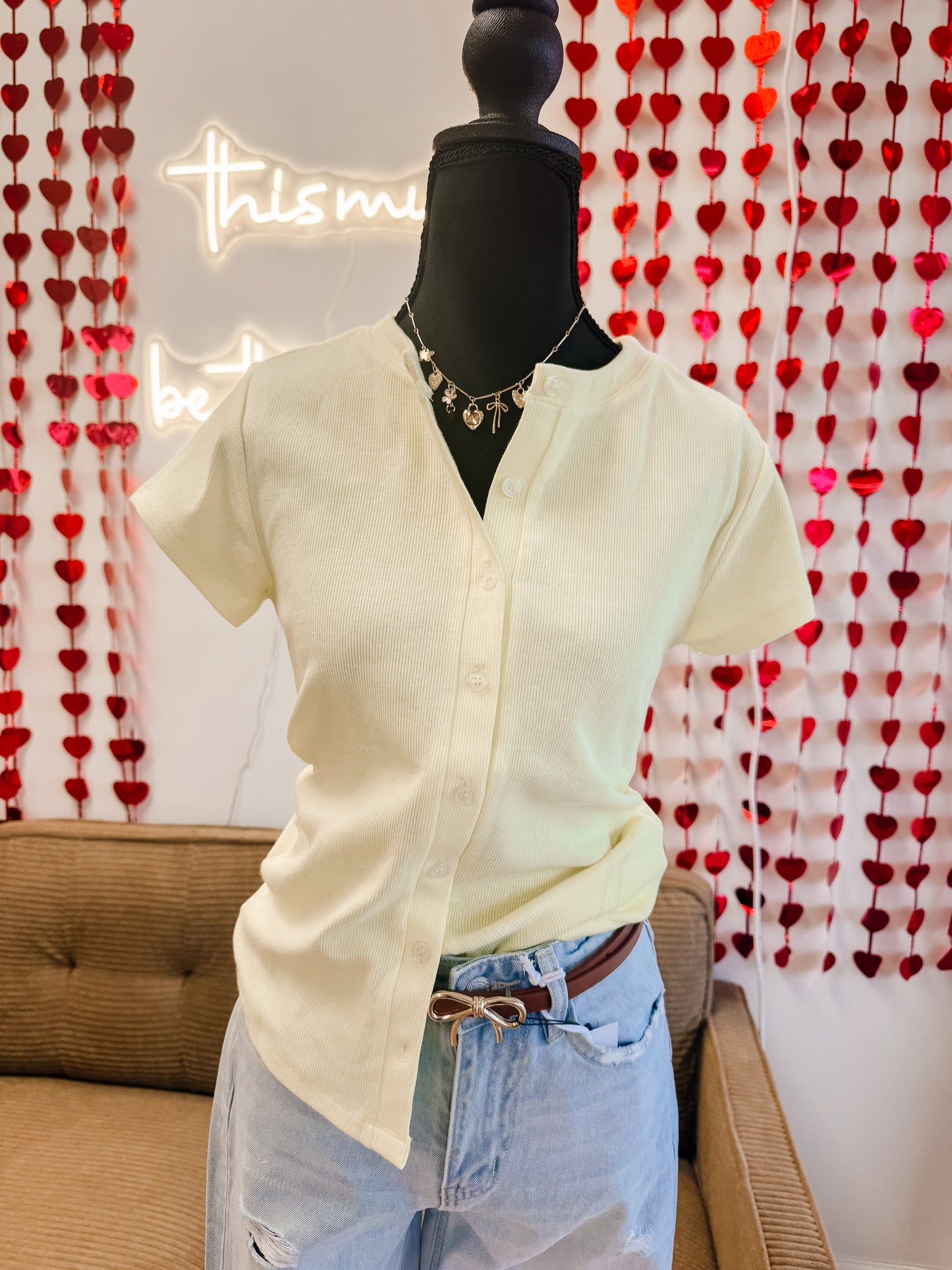 Ribbed Button-Front Crew Neck Top