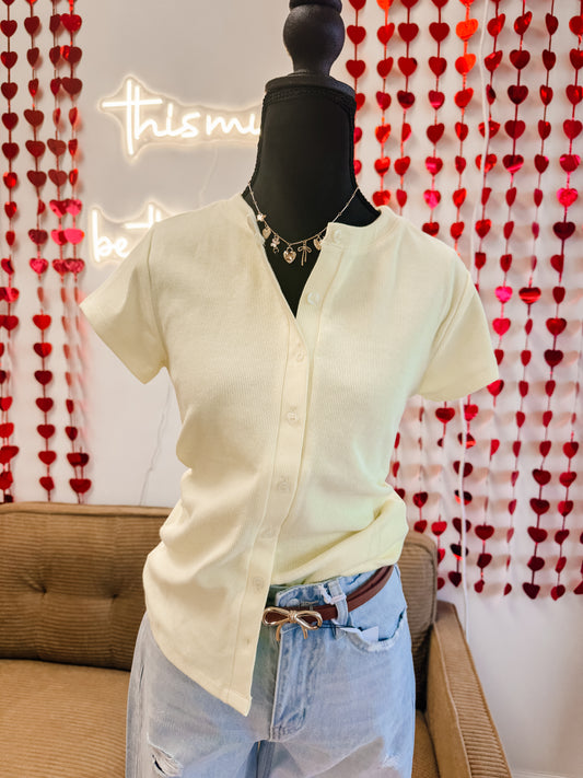 Ribbed Button-Front Crew Neck Top