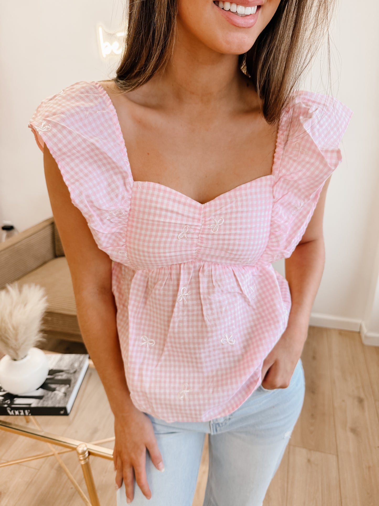 Pink Bow Embroidered Check Sleeveless Blouse