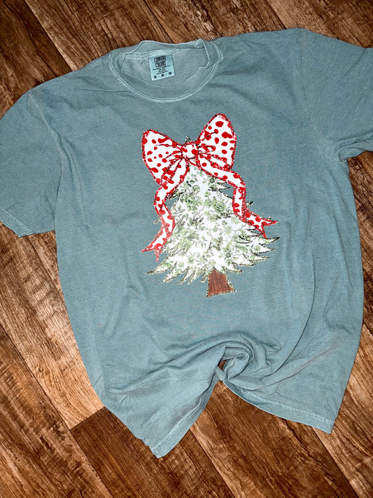 Faux Glitter Bow Christmas Tree Comfort Colors Tee