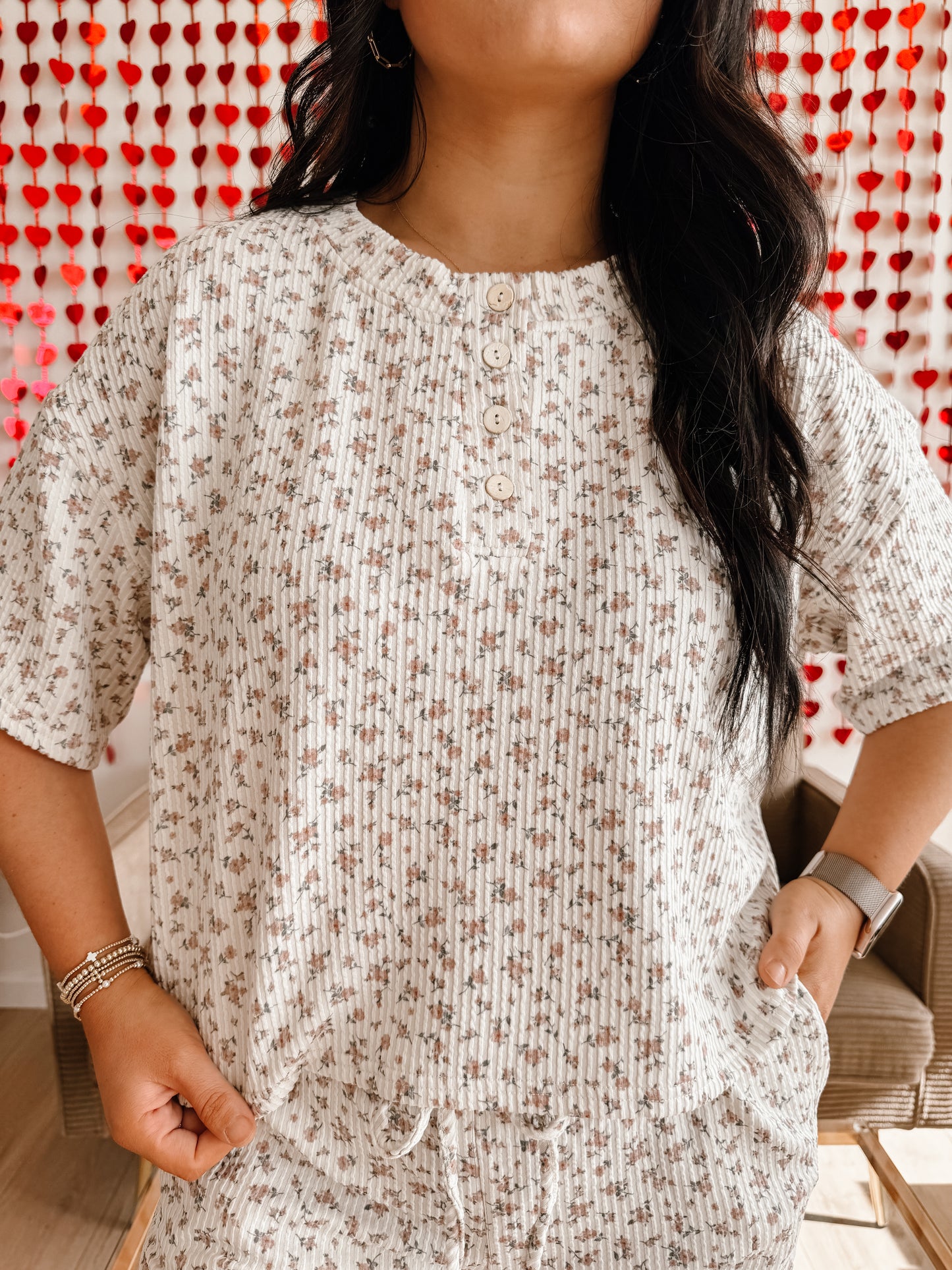 FLORAL SHORT SLEEVE HENLEY KNIT TOP