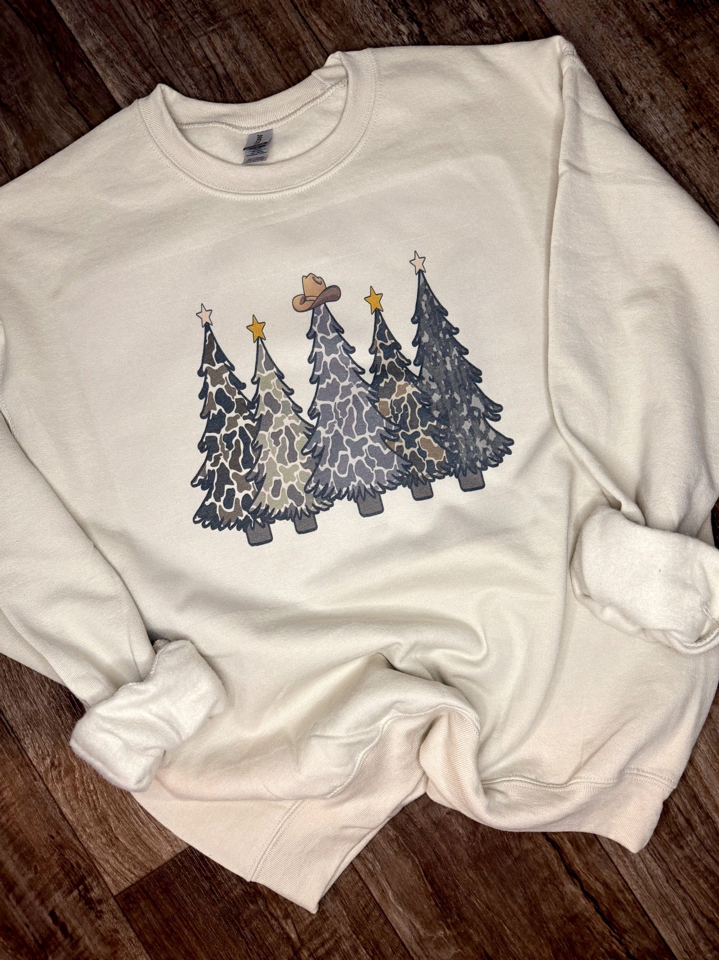 Camo Cowboy Christmas Trees Crewneck