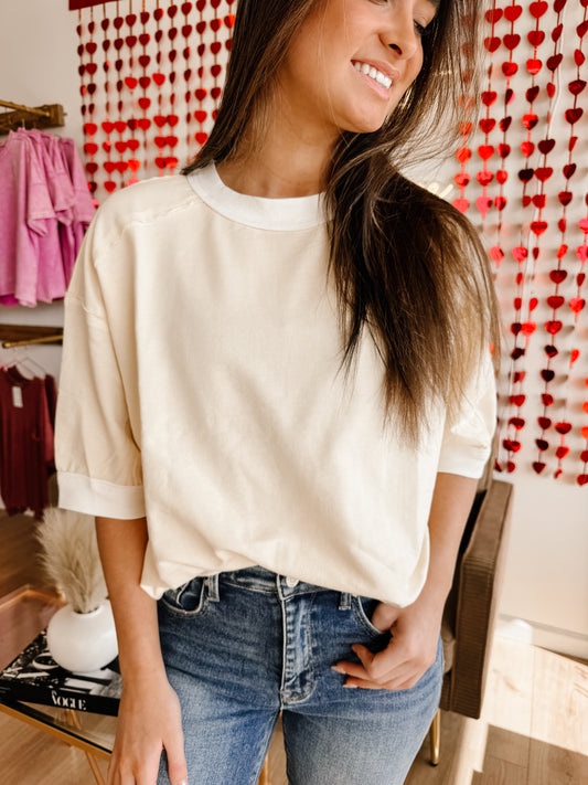CONTRAST TRIM RAGLAN SHORT SLEEVE KNIT TOP