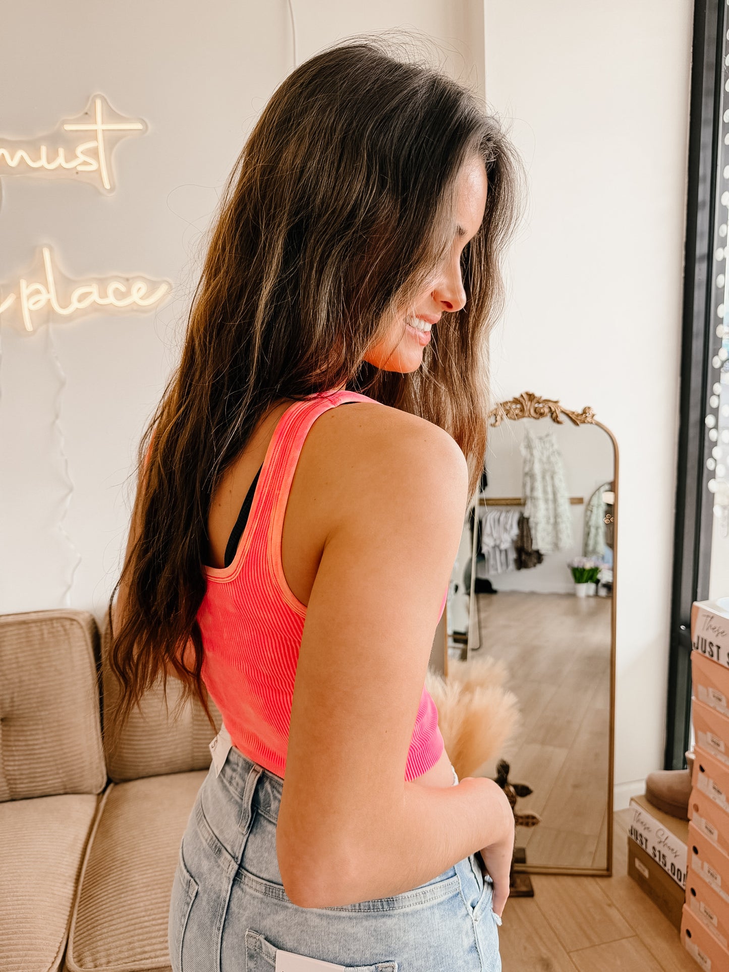 2 Way Neckline Washed Ribbed Seamless Tank Top (6 colors)