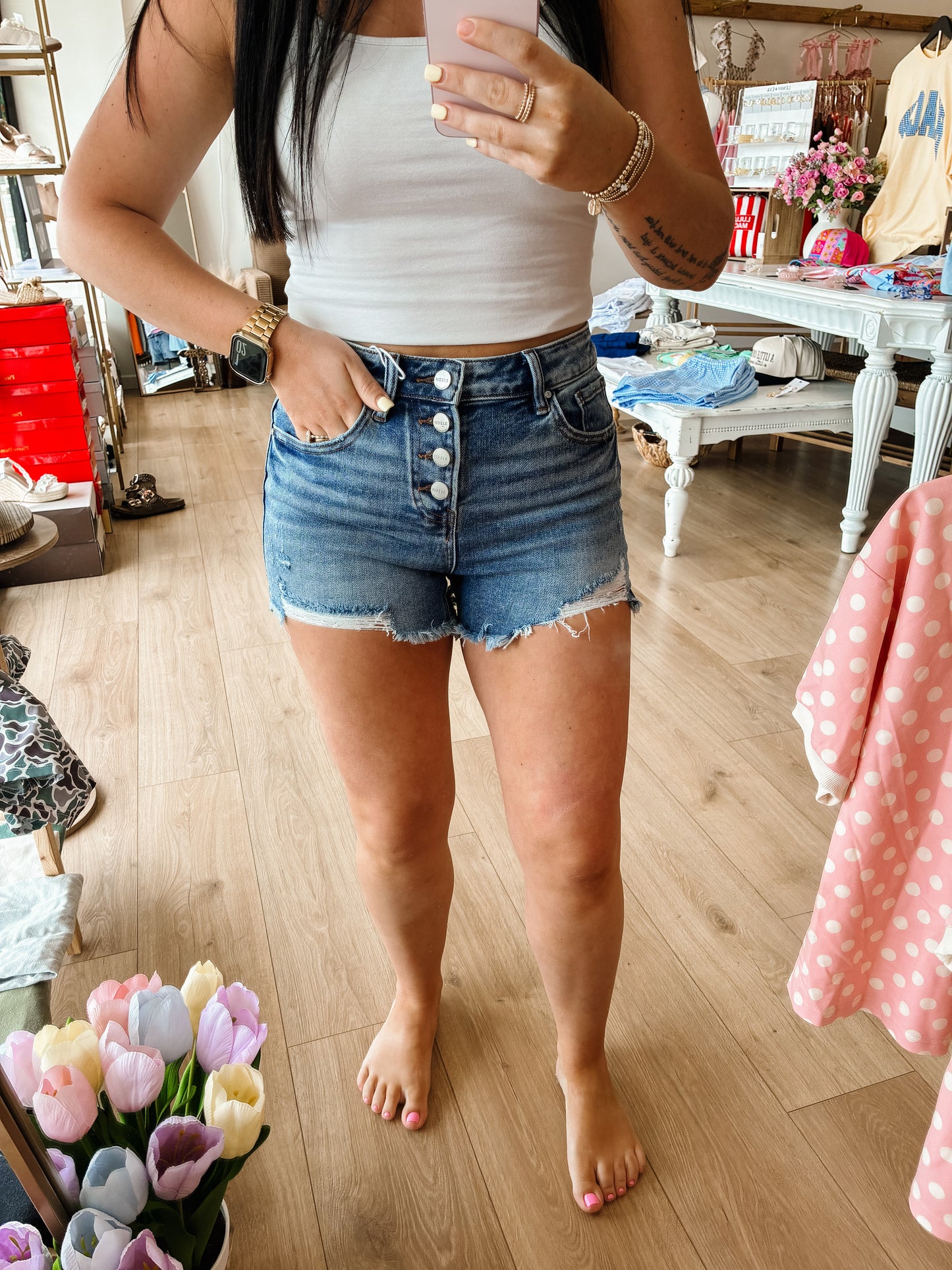High Rise Button Down Step Side Hem Shorts - RISEN