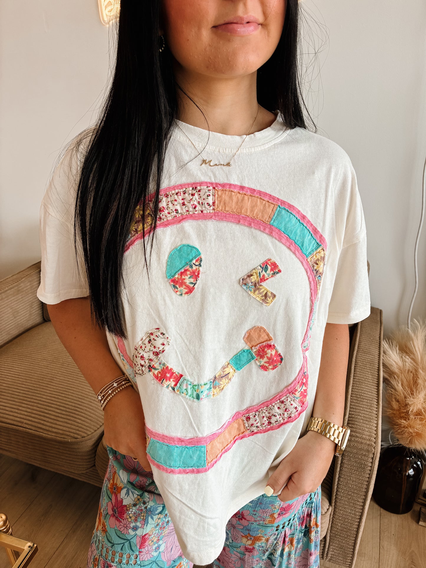 Boho Patchwork Smiley Tee