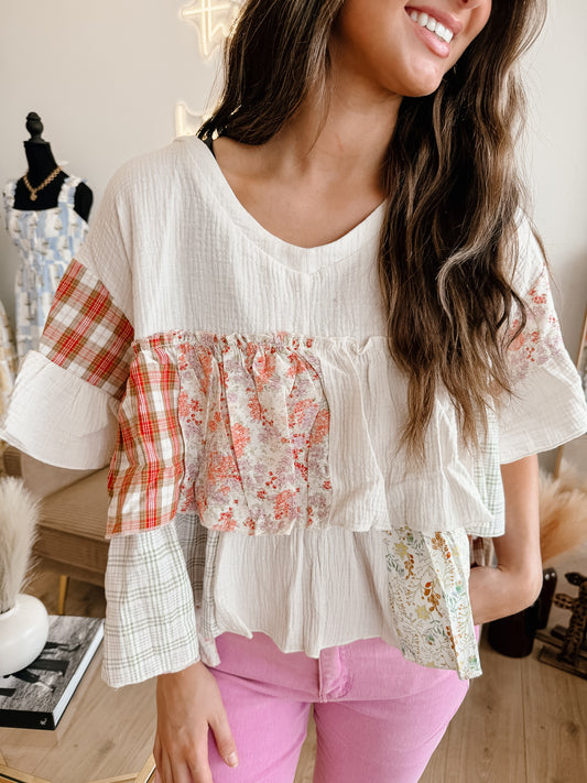 Vintage Patchwork Ruffle Hem Top