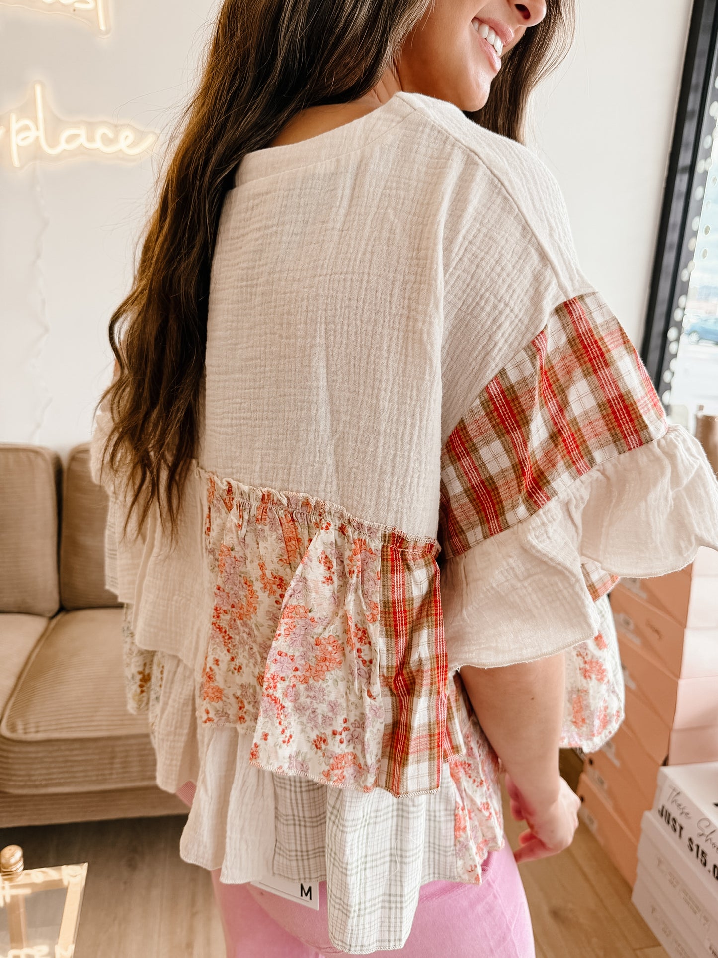 Vintage Patchwork Ruffle Hem Top