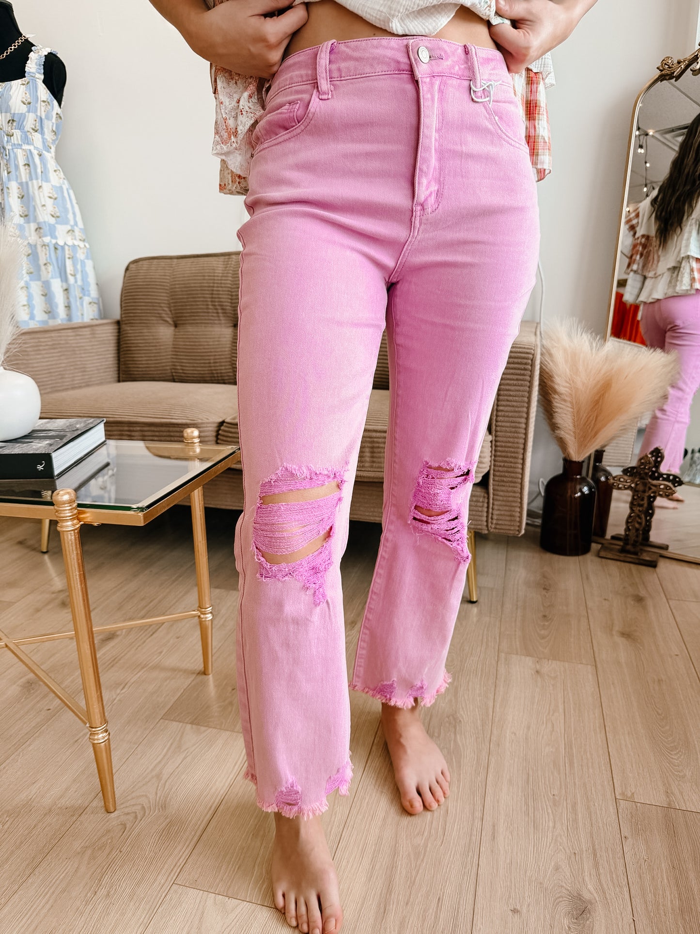 Acid Washed High Waist Distressed Straight Pants