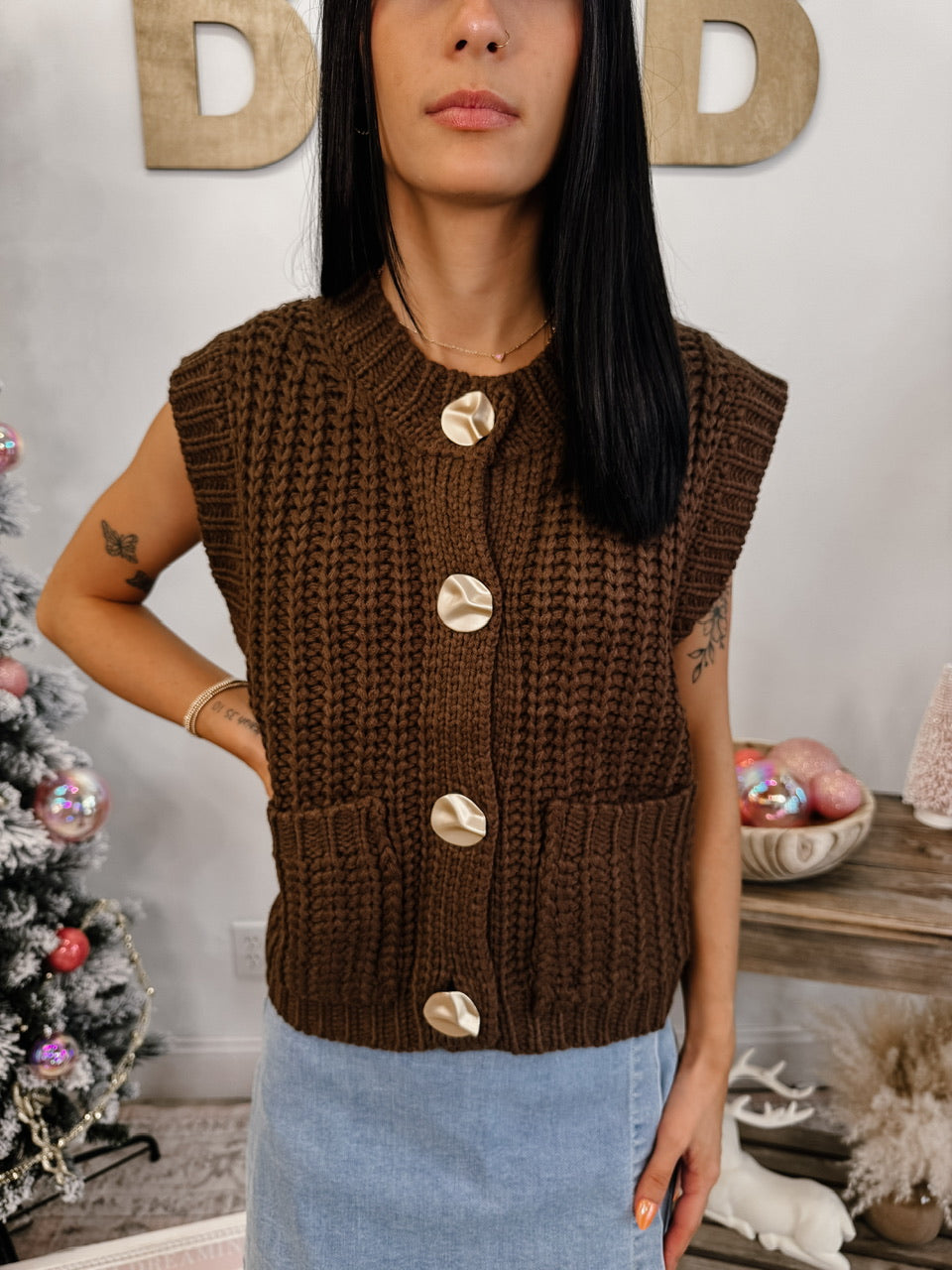Knit Sweater Vest Gold Button Down (2 Colors)