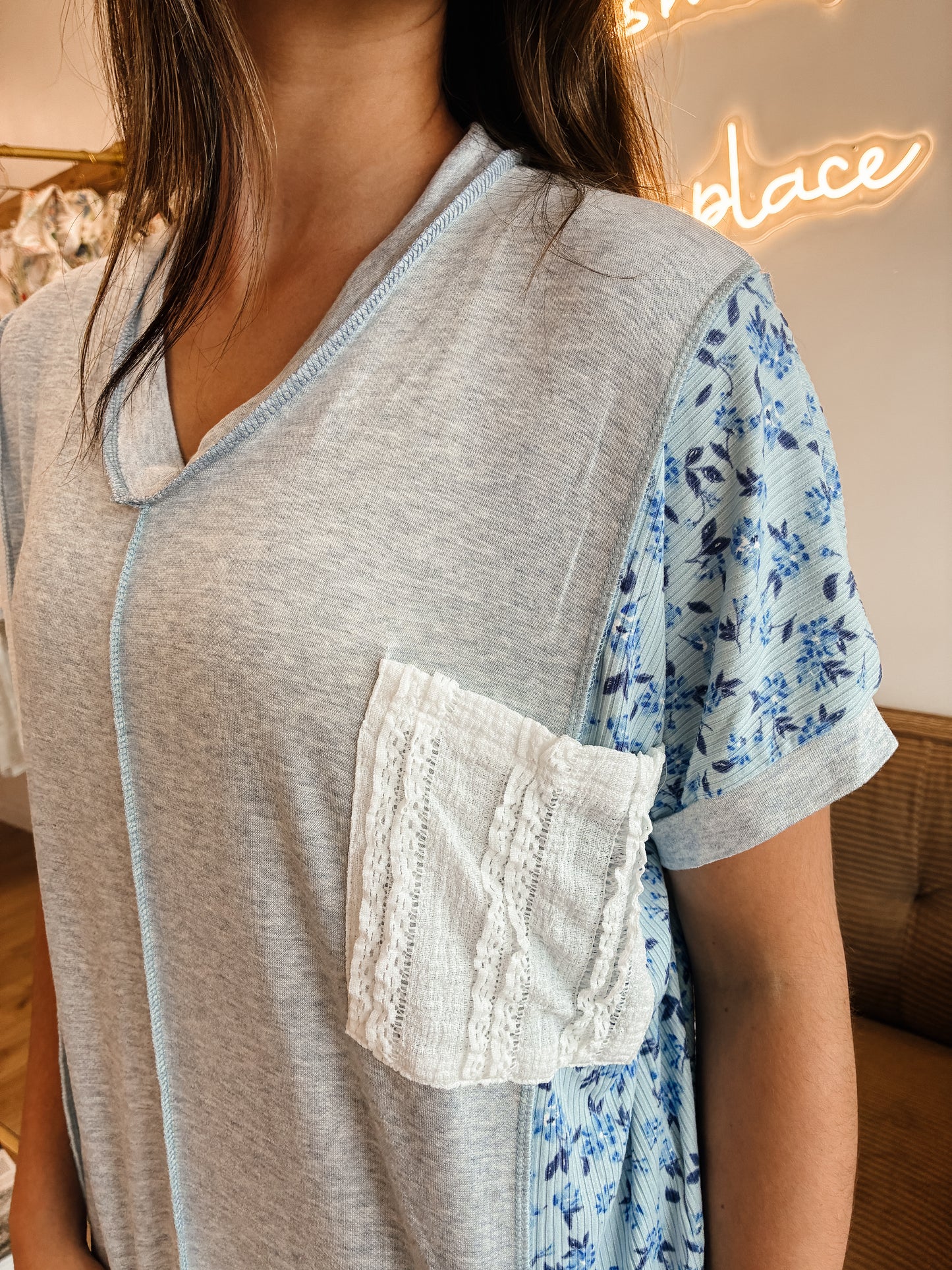 Color Block Patchwork Knit Top With Pocket (2 colors)