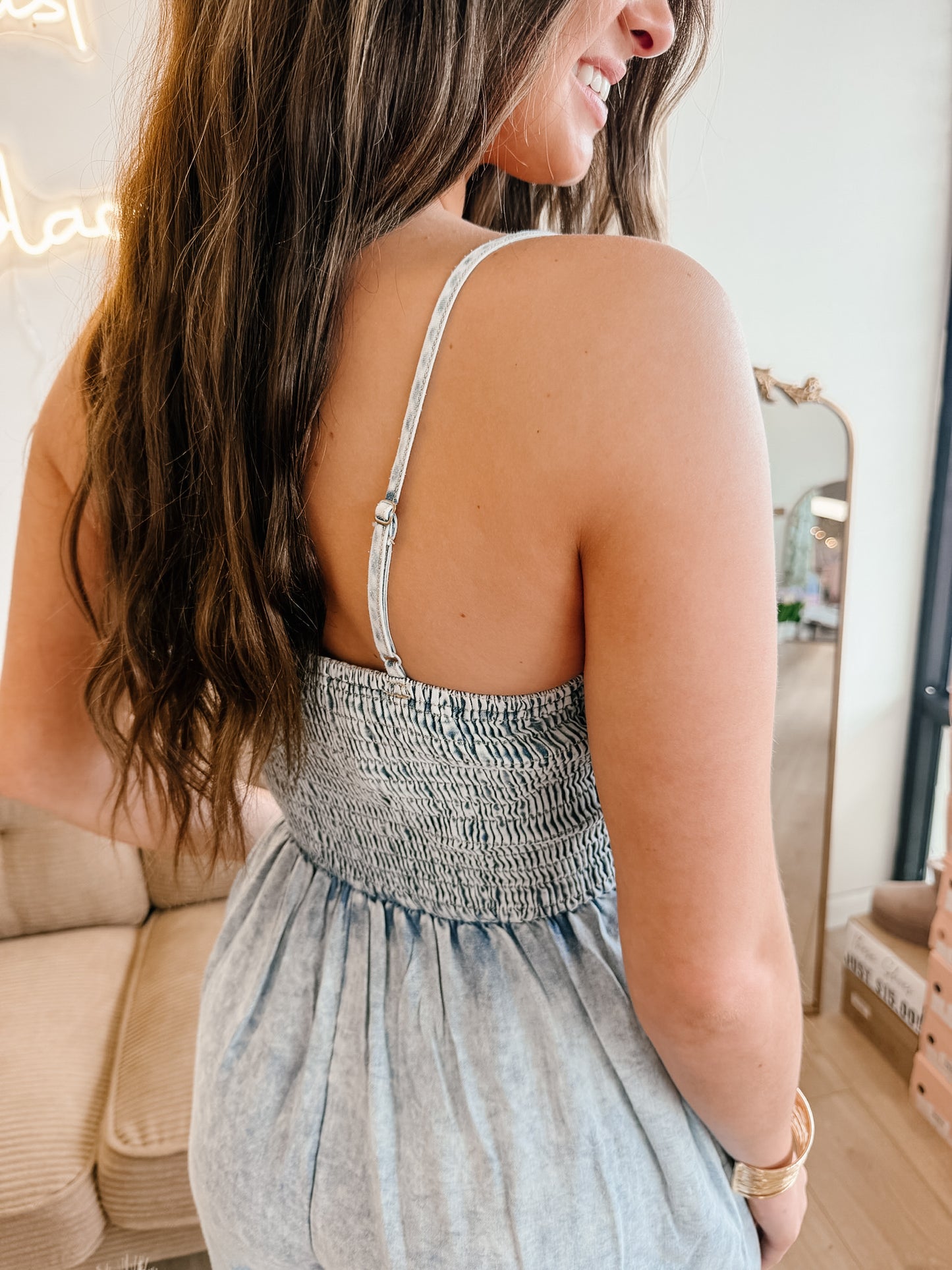 Smocking Torso Washed Chambray Jumpsuit
