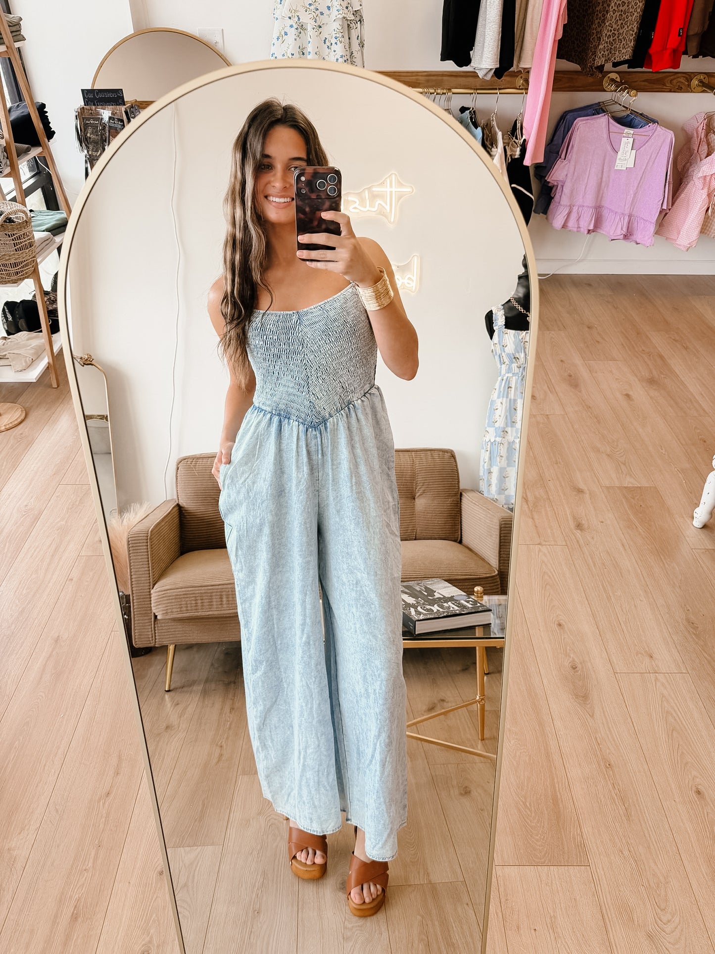 Smocking Torso Washed Chambray Jumpsuit