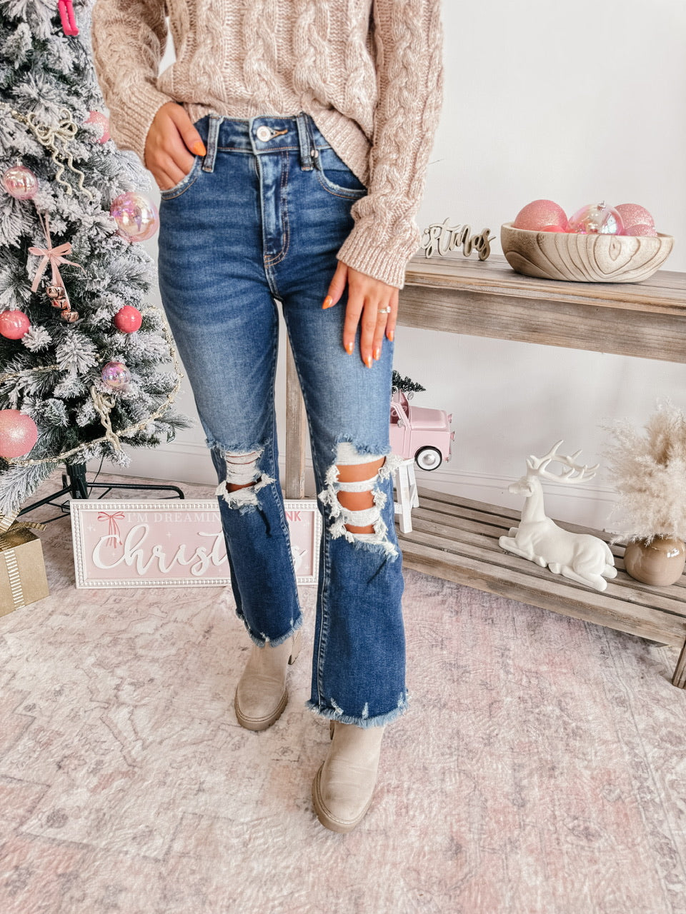 Distressed Knee And Hem Denim Pants