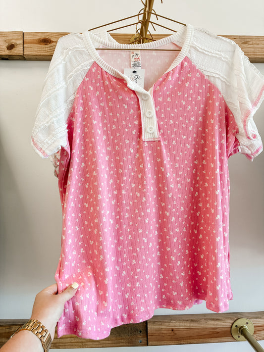 Floral Contrast Sleeve Henley Top