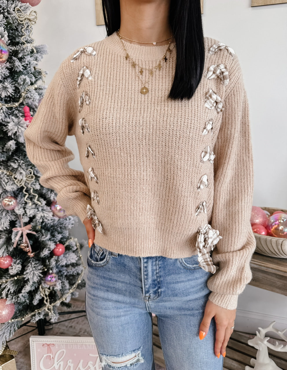 Checkered Plaid Tape Lace Up Sweater Top