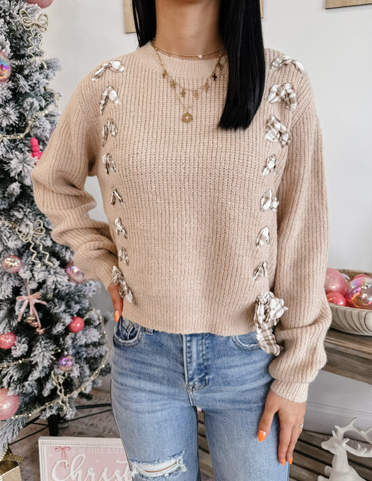 Checkered Plaid Tape Lace Up Sweater Top