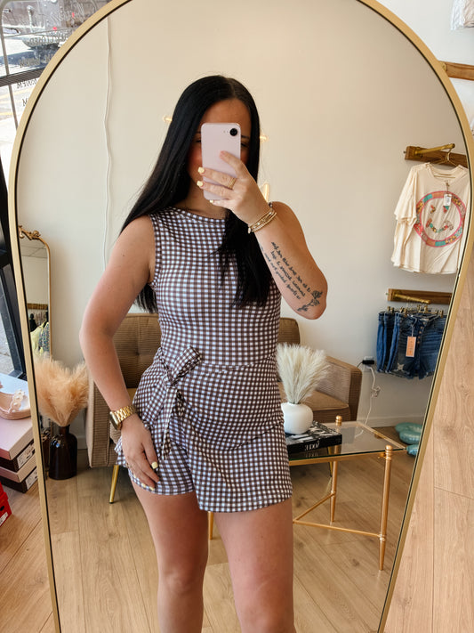 Brown Gingham Sleeveless Wrap Tie Front Dress