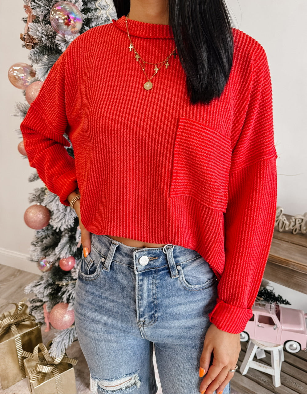 Raised Rib Long Sleeve Drop Shoulder Top (2 Colors)