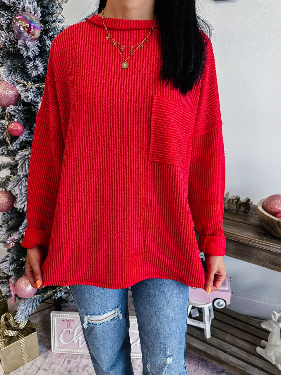 Raised Rib Long Sleeve Drop Shoulder Top (2 Colors)