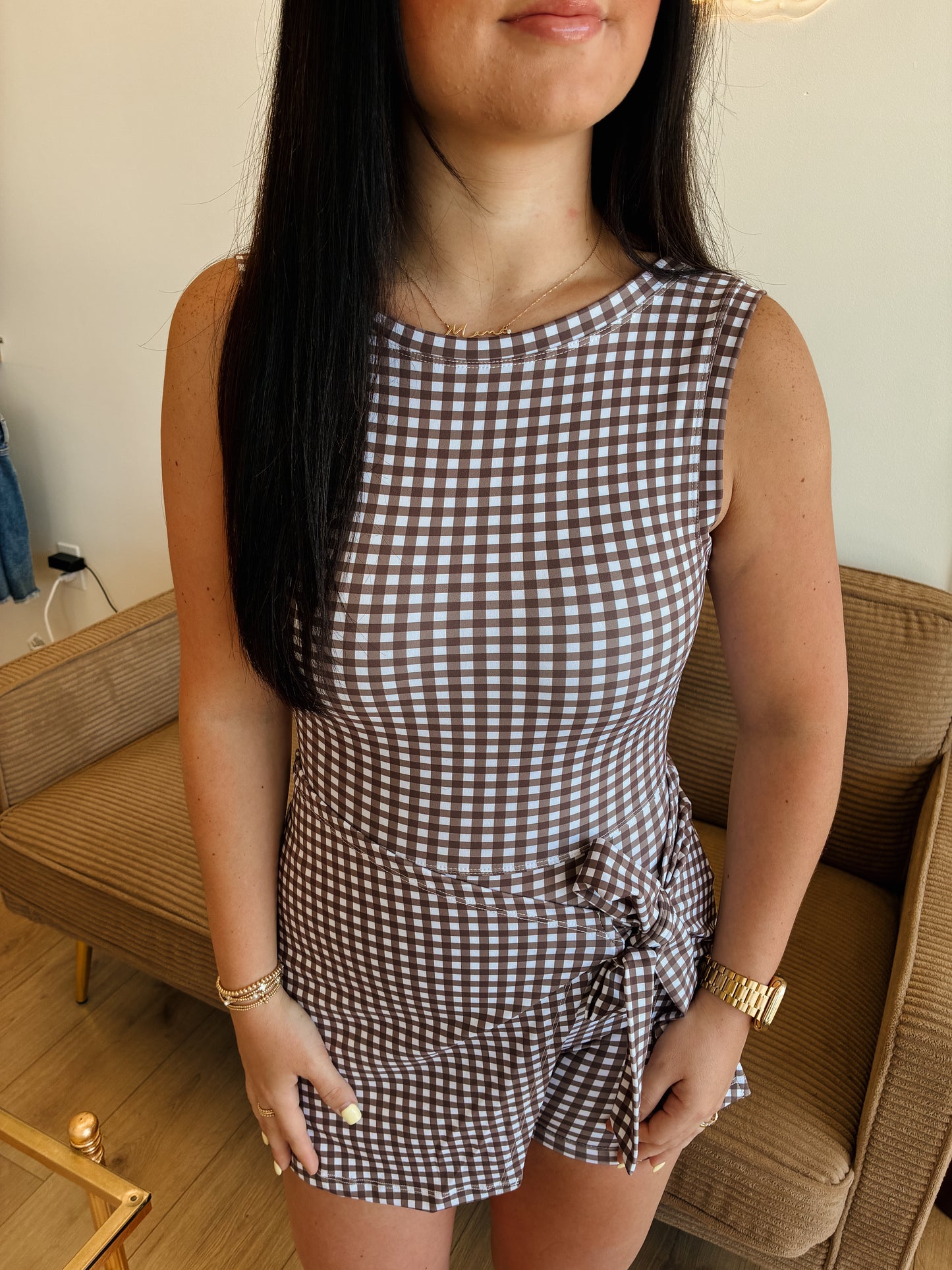 Brown Gingham Sleeveless Wrap Tie Front Dress