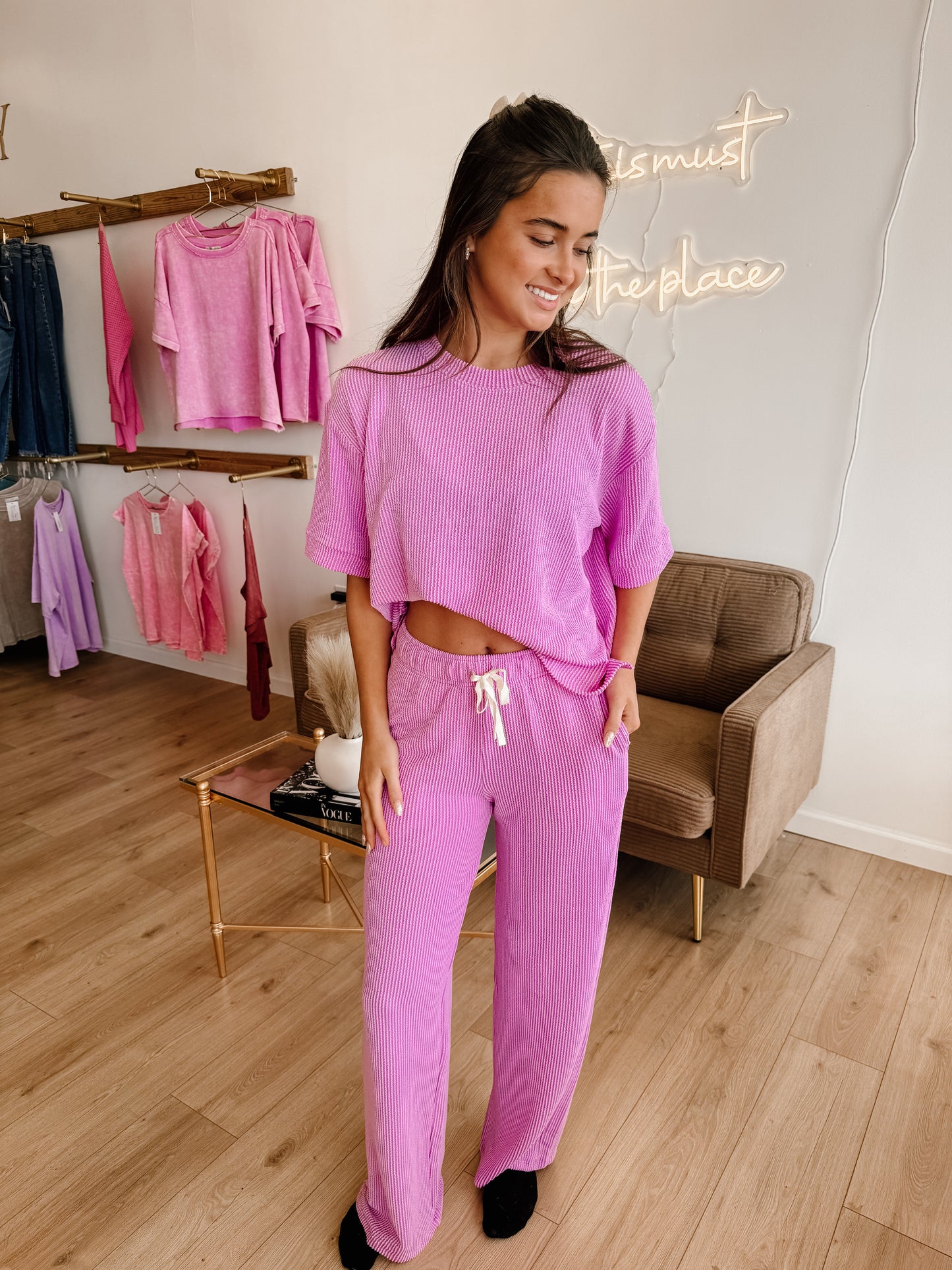 Raised Rib Short Sleeve Tee & Pants Set (9 colors)