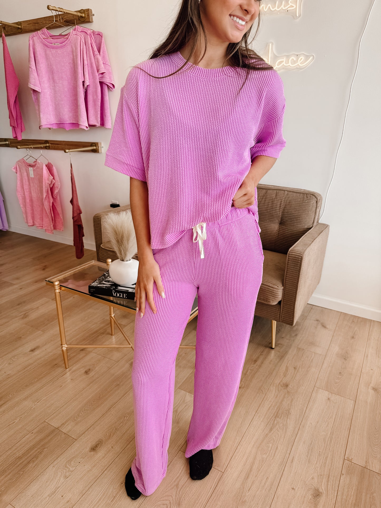 Raised Rib Short Sleeve Tee & Pants Set (9 colors)