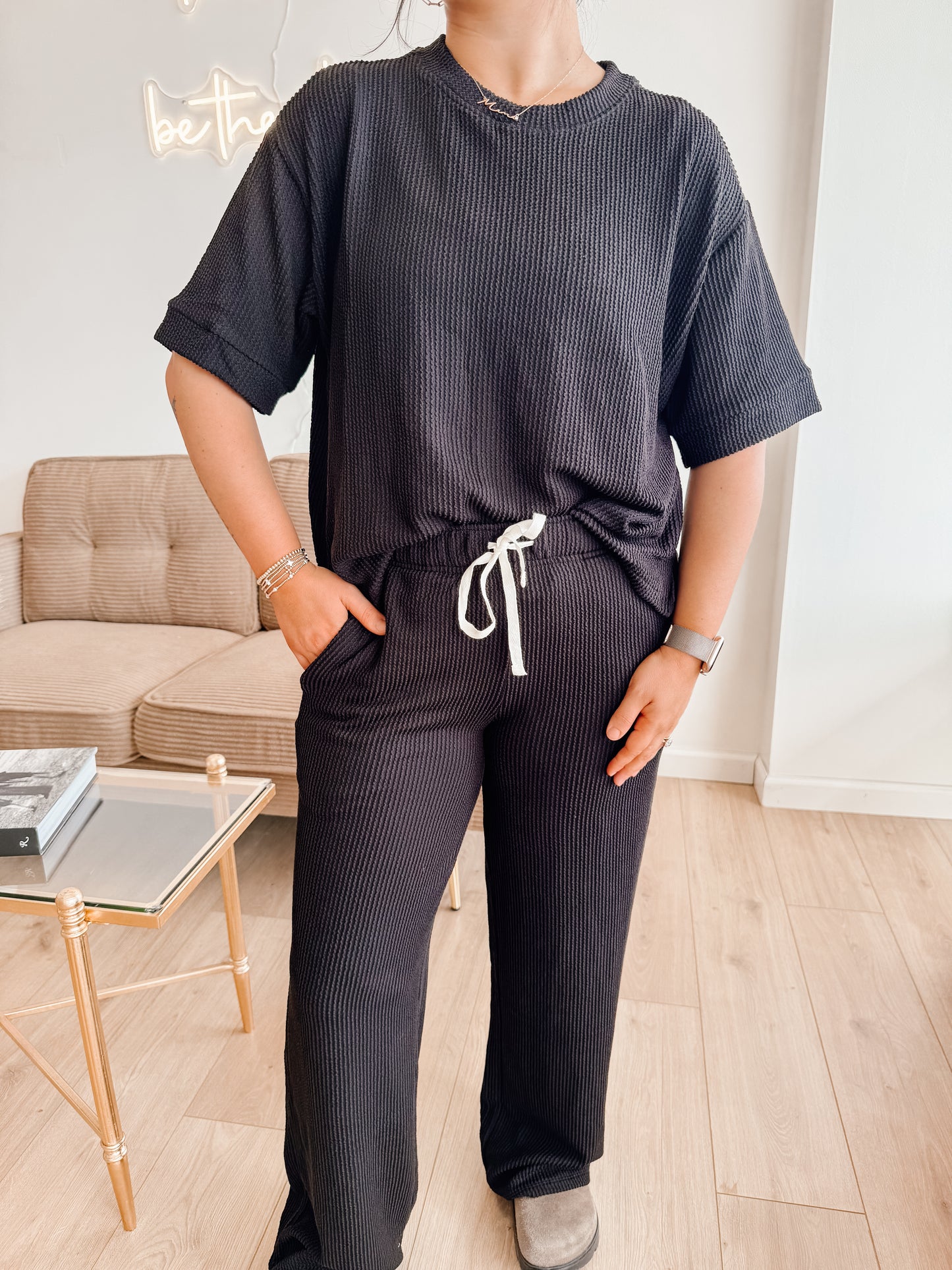 Raised Rib Short Sleeve Tee & Pants Set (9 colors)