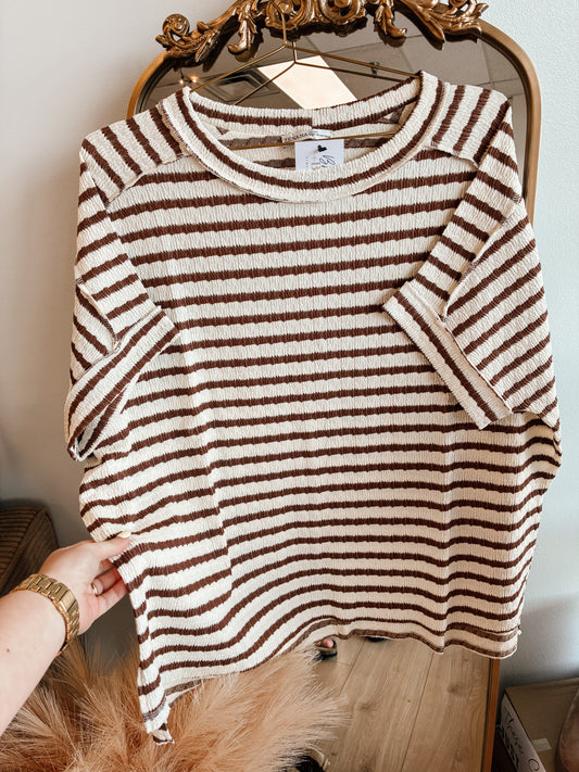 Brown Striped Short Sleeve Hi-low Tee