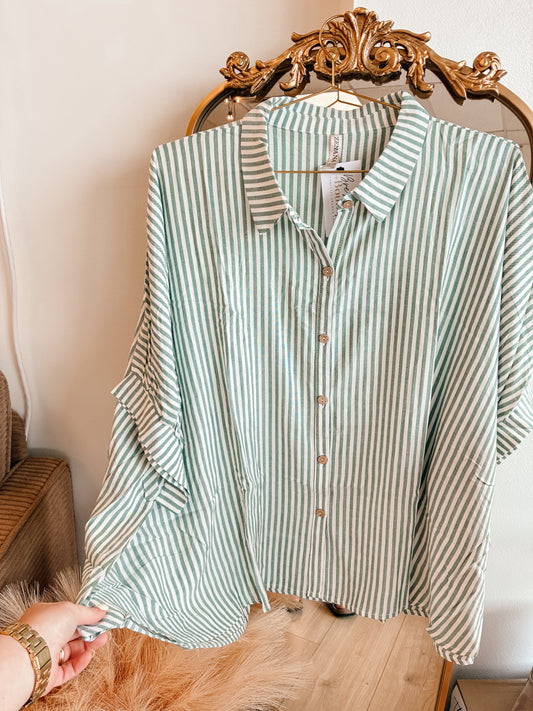 Hunter Green Rayon Striped Short Sleeve Button Up Shirt