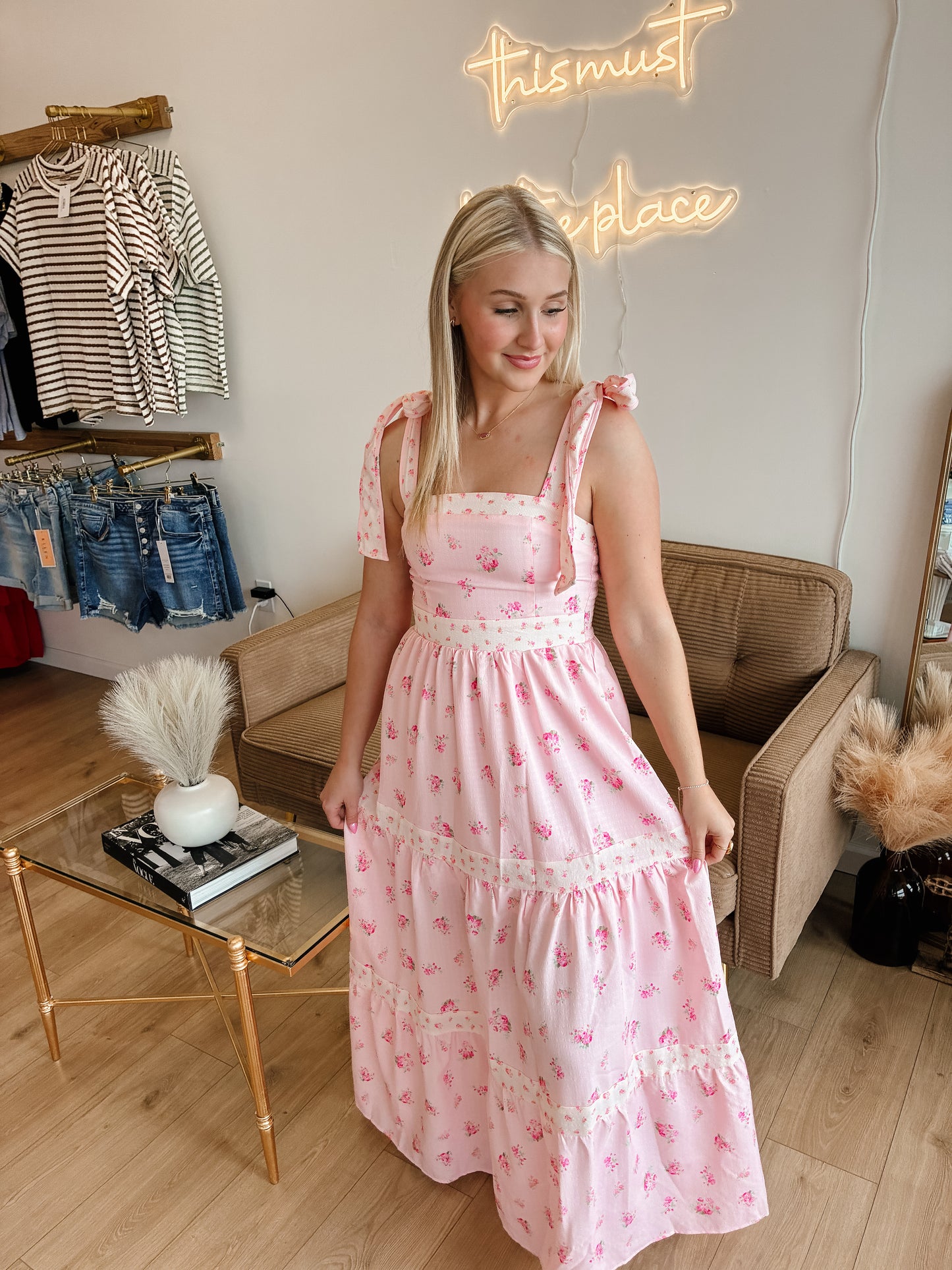 Pink Floral Tie Strap Maxi Dress