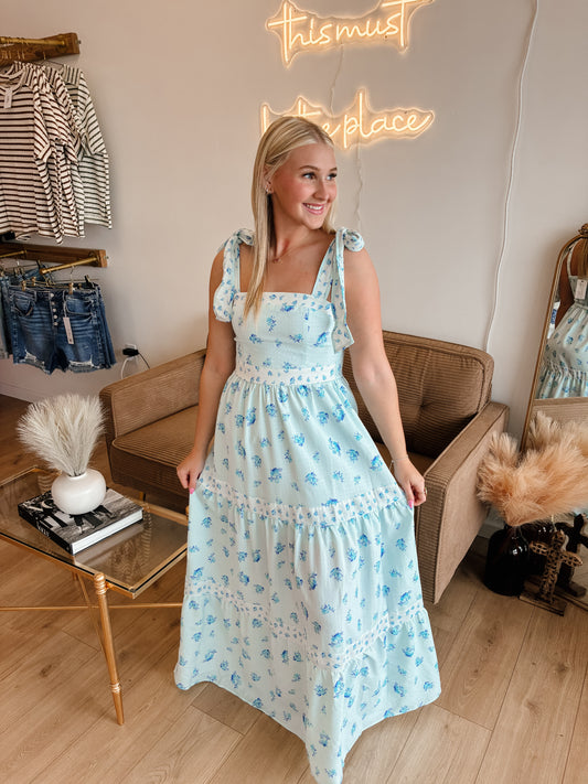 Light Blue Floral Tie Strap Maxi Dress
