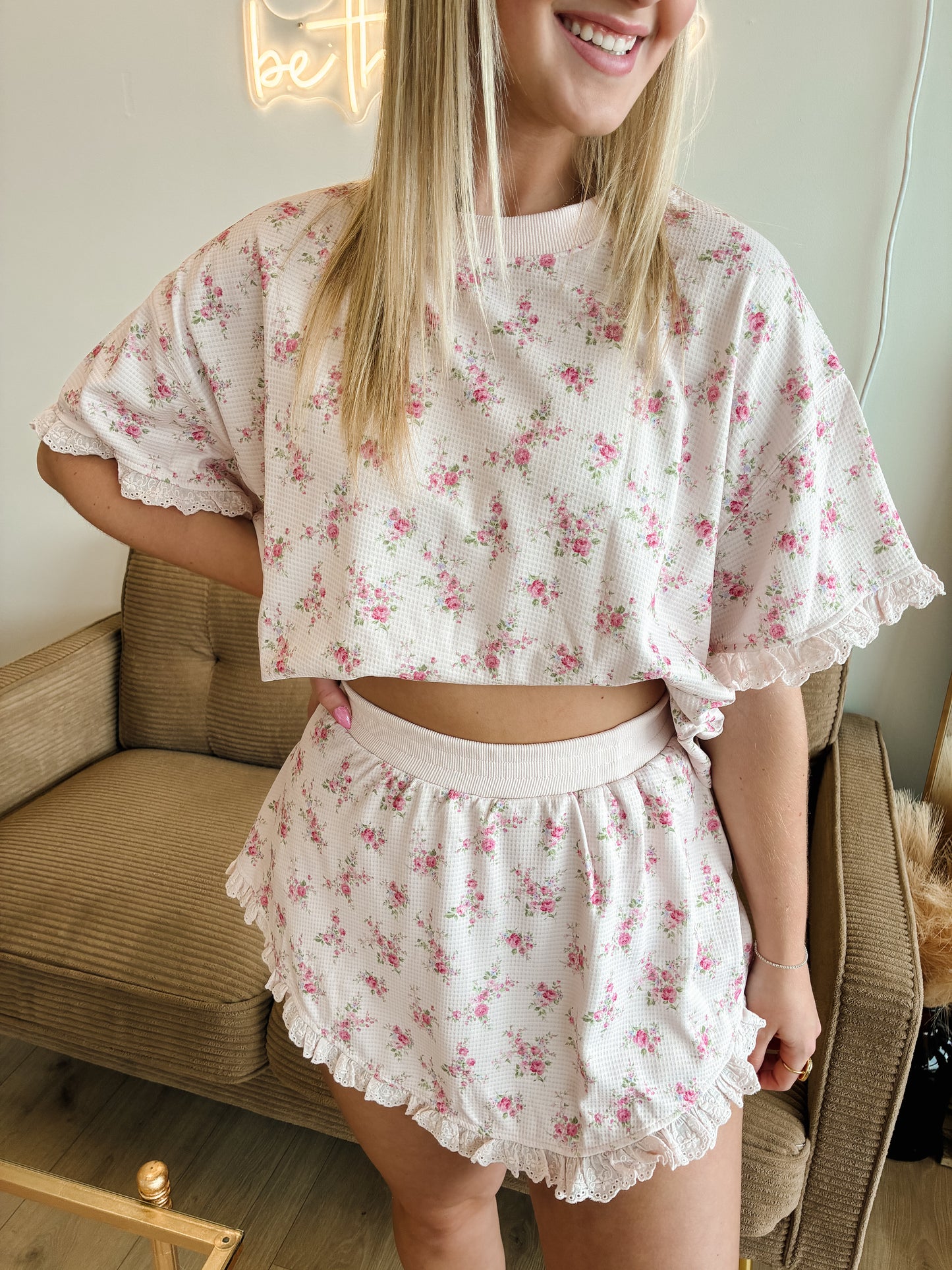 Vintage Rose Waffle Knit Ruffle Lounge Set
