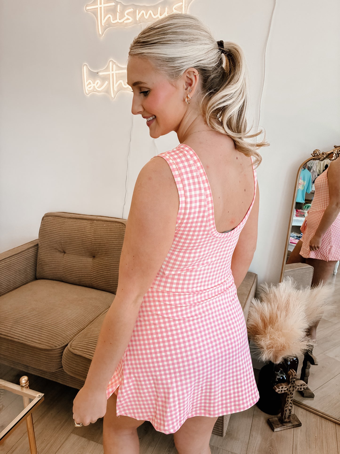 Butter Pink Gingham Sleeveless Wrap Tie Front Dress